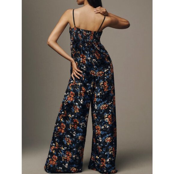 Anthropologie Hutch Velvet Floral Wide-Leg Jumpsuit Size XS Blue Pattern - Picture 2 of 10